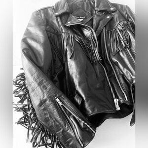 Steer Vintage Womens SZ L Black Leather Fringe Jacket Biker and Western themed